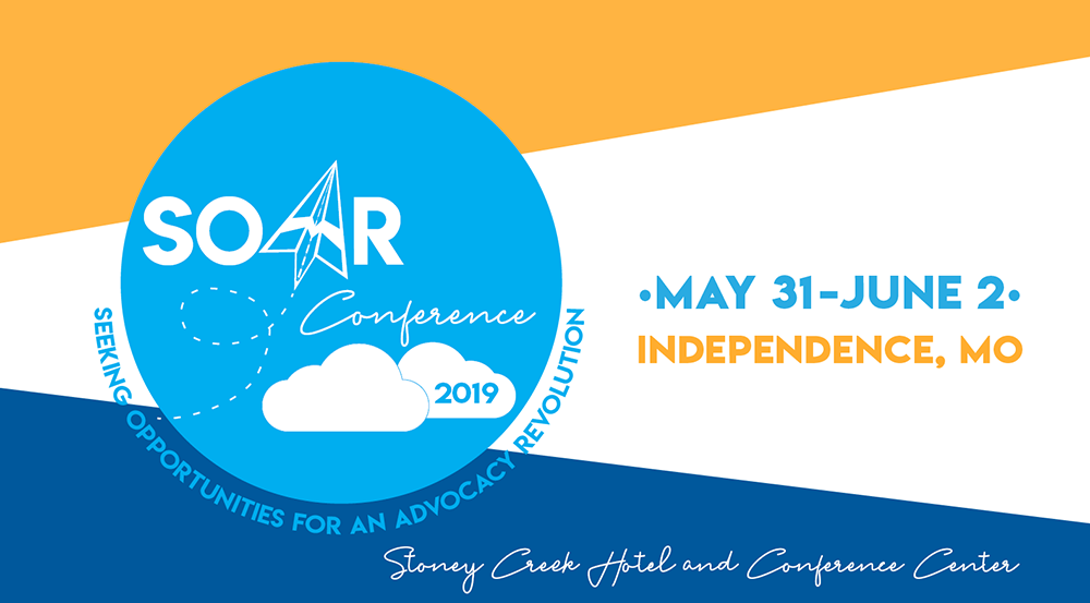 This graphic shows the soar conference logo of a paper airplane soaring above clouds. The logo is apart of a larger poster that gives details of the event.
