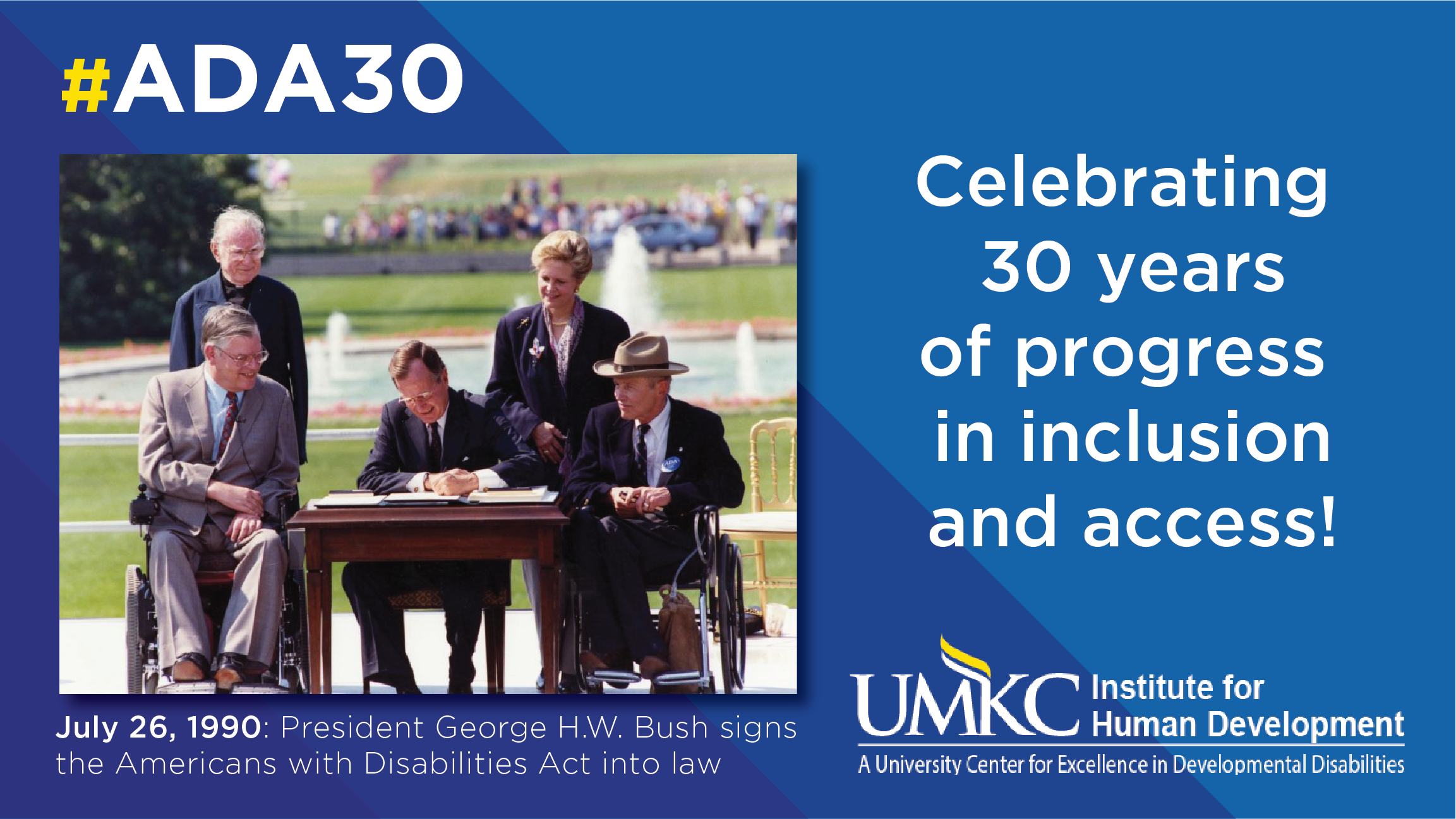 Signing ceremony on White House lawn to make the Americans with Disabilities Act a law of the United States. President George HW Bush, seated between 4 disability activists, signs the bill