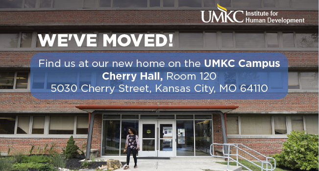 Front door of Cherry Hall with words: We've Moved: Find us at our new home on the UMKC campus, Cherry Hall, Room 120, Kansas City, Missouri